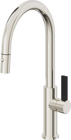 California Faucets Corsano Llave de Cocina Extraible Contemporanea con Rociador de Boton - Pico Alto en Arco - Níquel Pulido