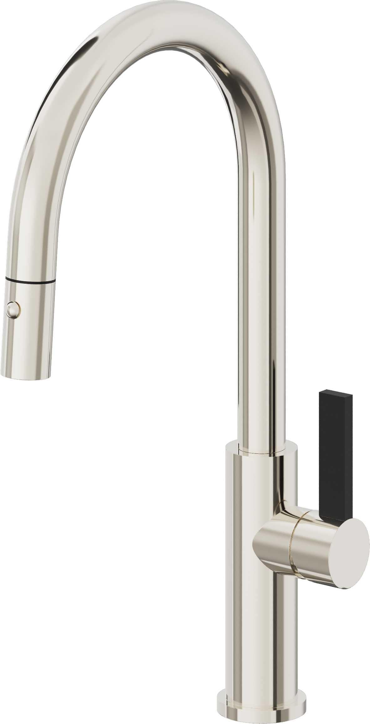 California Faucets Corsano Llave de Cocina Extraible Contemporanea con Rociador de Boton - Pico Alto en Arco - Níquel Pulido
