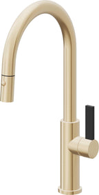 California Faucets Corsano Llave de Cocina Extraible Contemporanea con Rociador de Boton - Pico Alto en Arco - Latón Satinado