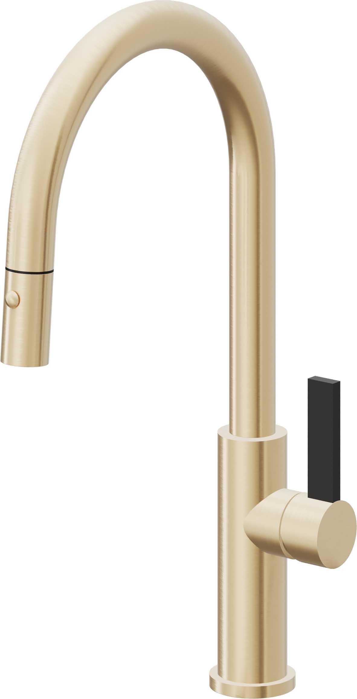 California Faucets Corsano Llave de Cocina Extraible Contemporanea con Rociador de Boton - Pico Alto en Arco - Latón Satinado