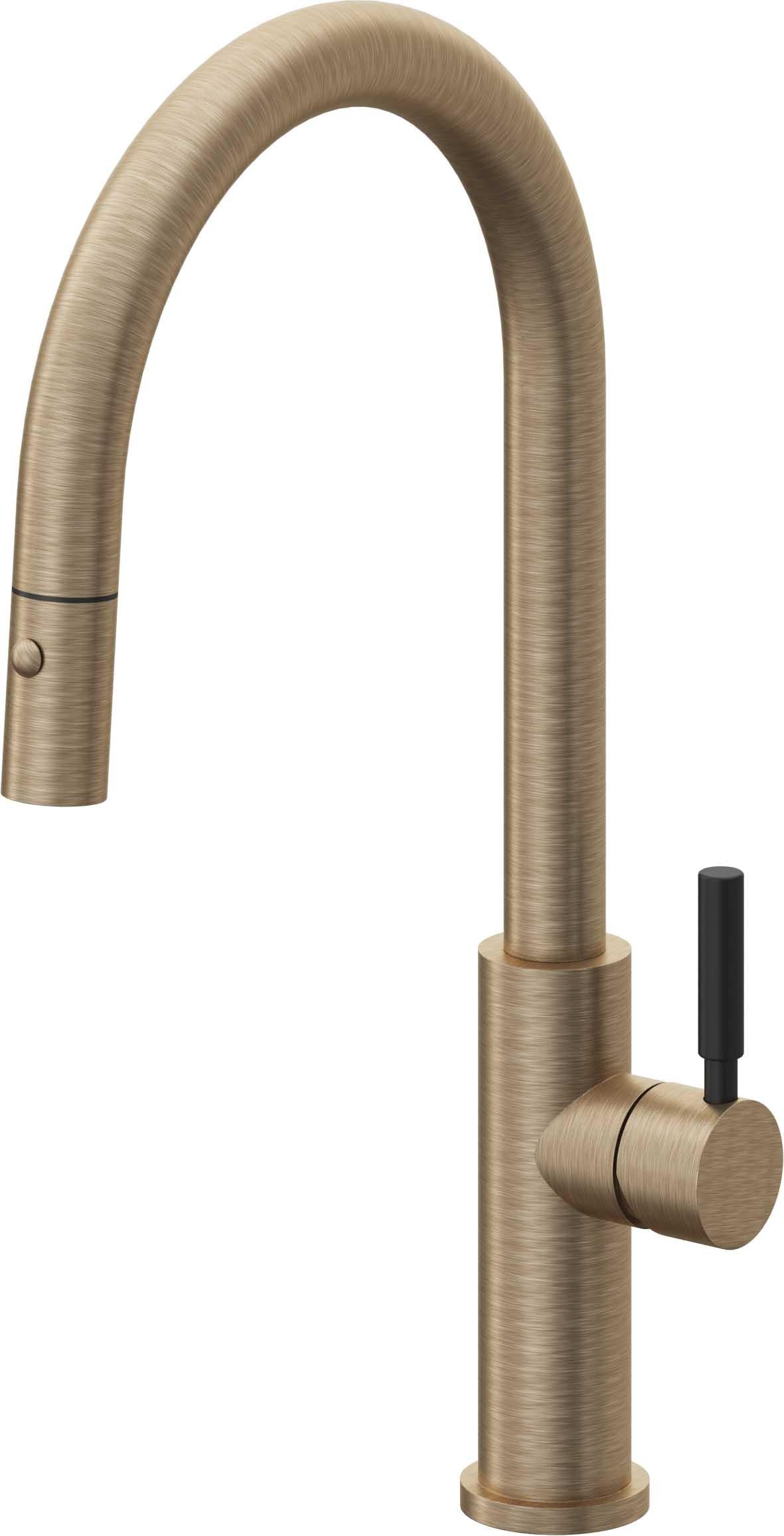 California Faucets Corsano Llave de Cocina Extraible Contemporanea con Rociador de Boton - Pico Alto en Arco - Latón Antiguo Mate