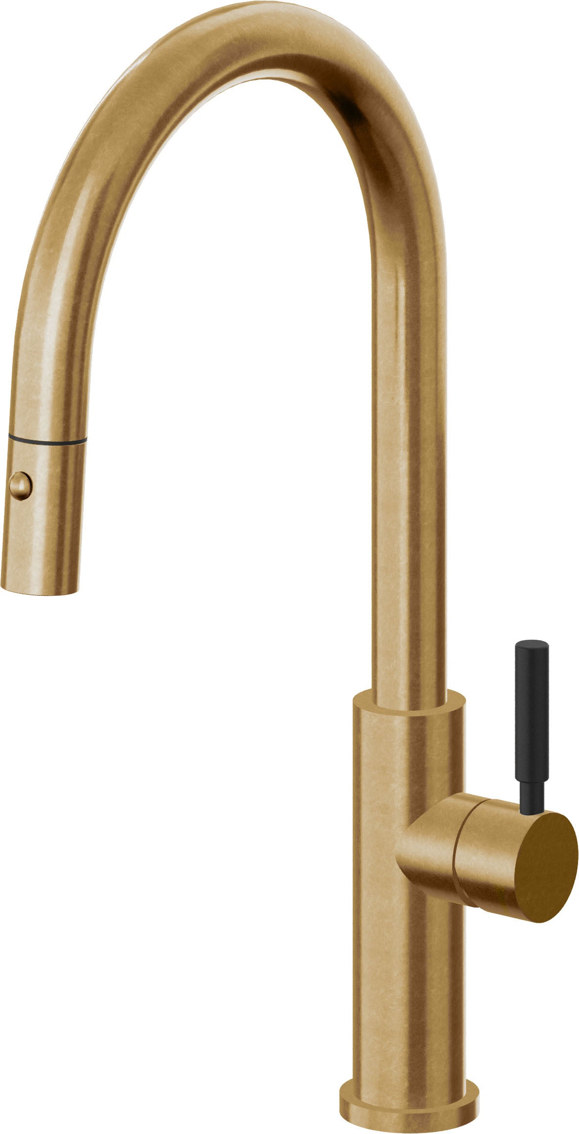 California Faucets Corsano Llave de Cocina Extraible Contemporanea con Rociador de Boton - Pico Alto en Arco - Latón Bruñido