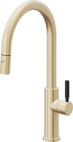 California Faucets Corsano Llave de Cocina Extraible Contemporanea con Rociador de Boton - Pico Alto en Arco - Latón Satinado