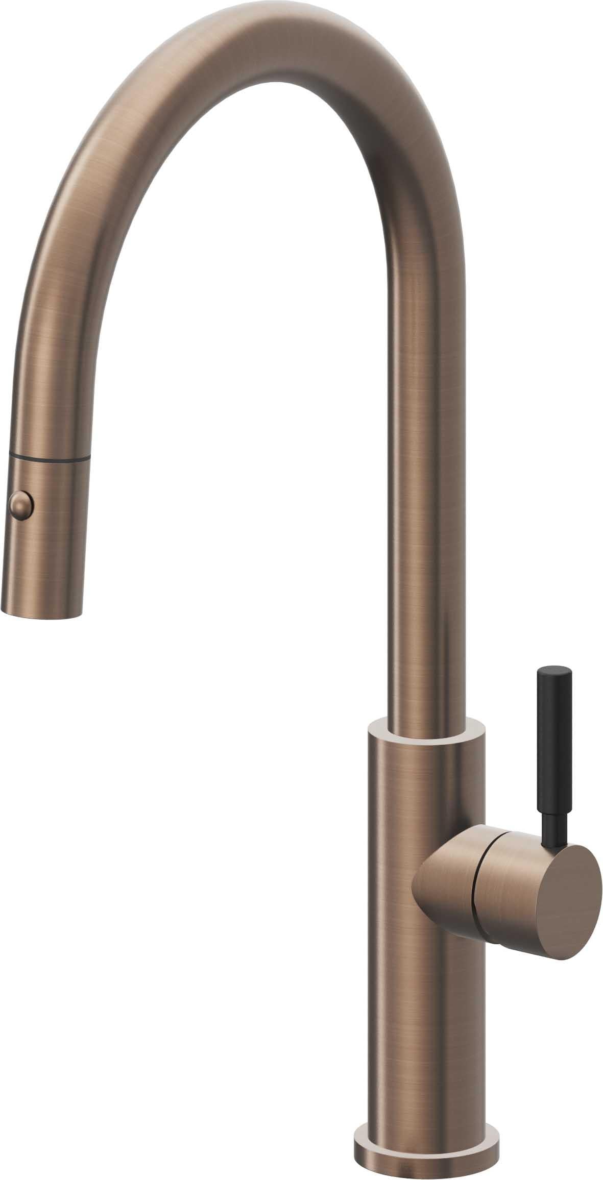 California Faucets Corsano Llave de Cocina Extraible Contemporanea con Rociador de Boton - Pico Alto en Arco - Bronce Satinado