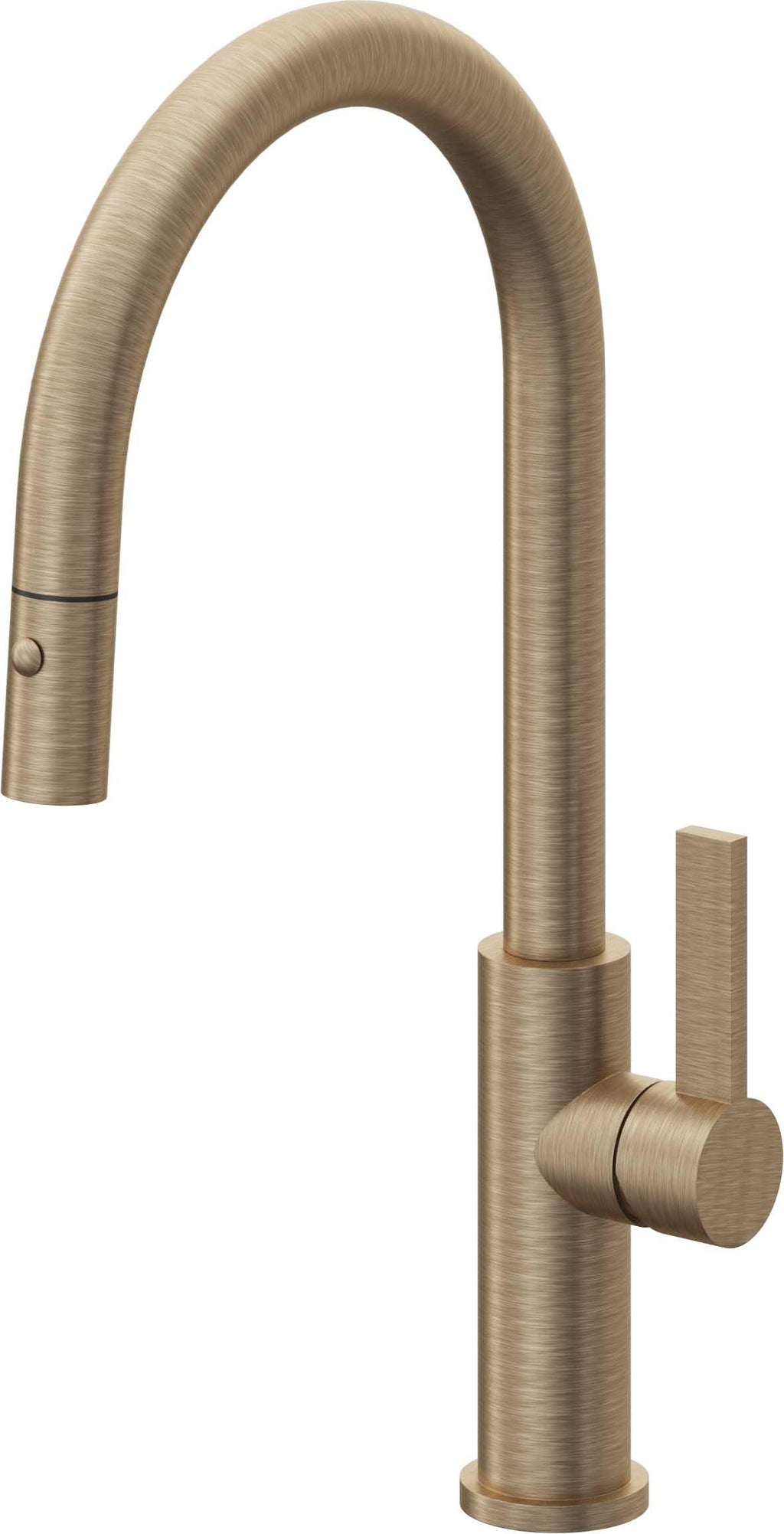 California Faucets Corsano Llave de Cocina Extraible Contemporanea con Rociador de Boton - Pico Alto en Arco - Latón Antiguo Mate