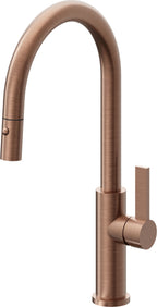 California Faucets Corsano Llave de Cocina Extraible Contemporanea con Rociador de Boton - Pico Alto en Arco - Cobre Antiguo Mate
