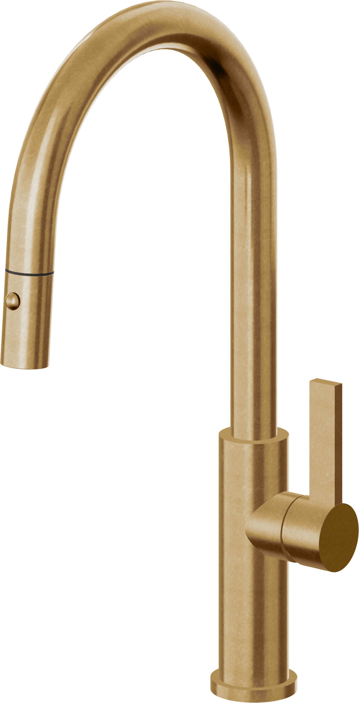 California Faucets Corsano Llave de Cocina Extraible Contemporanea con Rociador de Boton - Pico Alto en Arco - Latón Bruñido