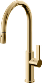 California Faucets Corsano Llave de Cocina Extraible Contemporanea con Rociador de Boton - Pico Alto en Arco - Oro Francés