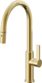 California Faucets Corsano Llave de Cocina Extraible Contemporanea con Rociador de Boton - Pico Alto en Arco - Oro Pulido de por Vida