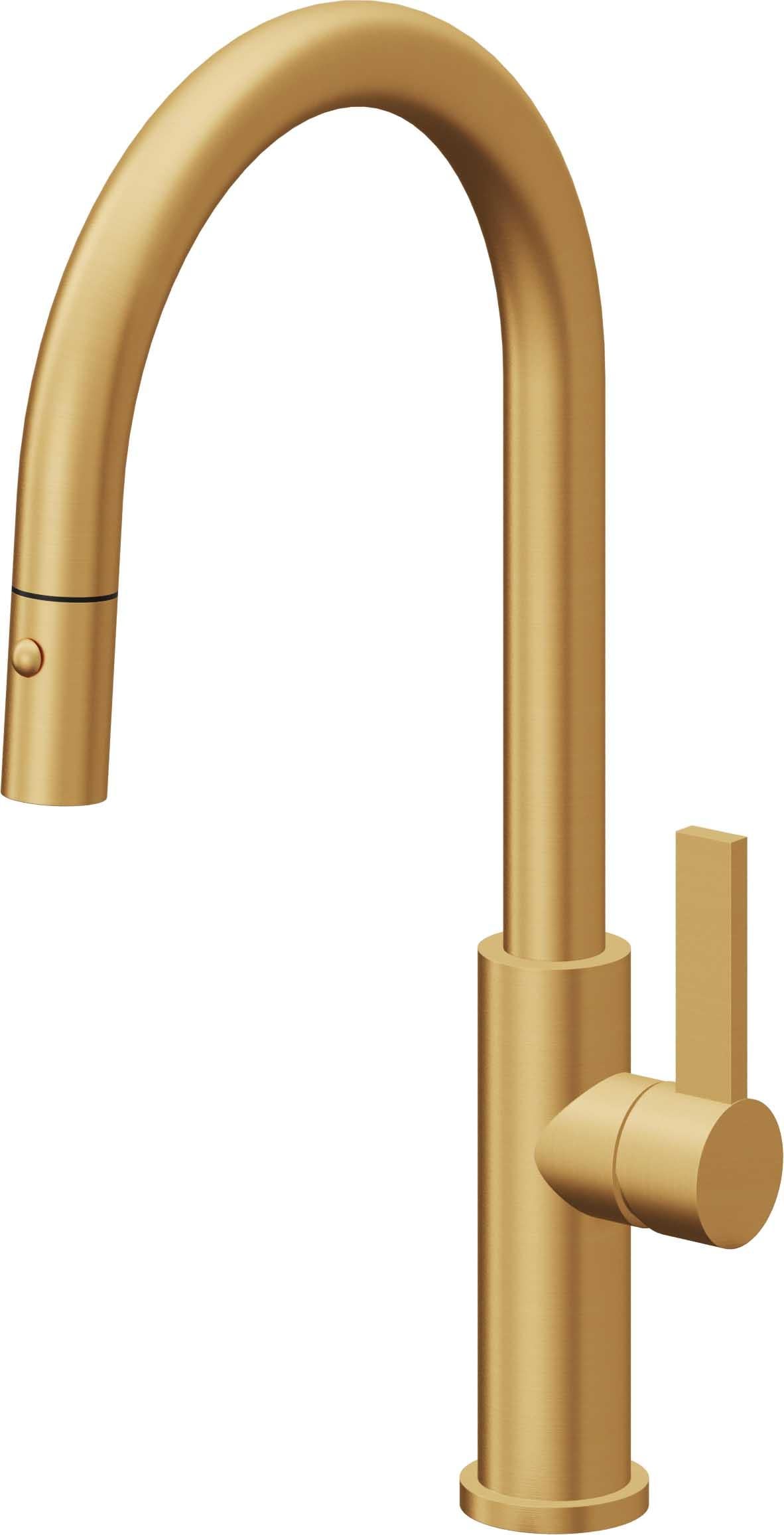 California Faucets Corsano Llave de Cocina Extraible Contemporanea con Rociador de Boton - Pico Alto en Arco - Oro Satinado de por Vida