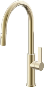 California Faucets Corsano Llave de Cocina Extraible Contemporanea con Rociador de Boton - Pico Alto en Arco - Latón Pulido
