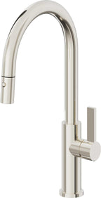 California Faucets Corsano Llave de Cocina Extraible Contemporanea con Rociador de Boton - Pico Alto en Arco - Níquel Pulido