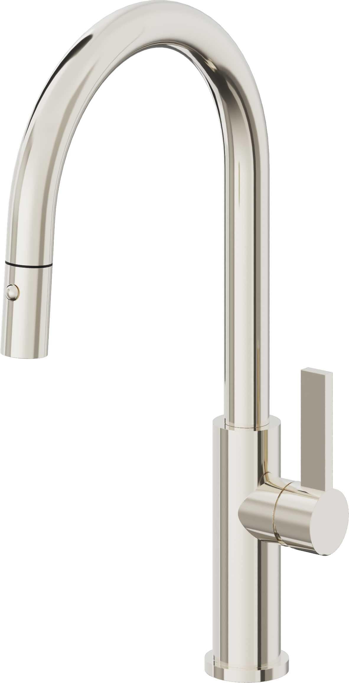 California Faucets Corsano Llave de Cocina Extraible Contemporanea con Rociador de Boton - Pico Alto en Arco - Níquel Pulido
