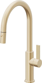 California Faucets Corsano Llave de Cocina Extraible Contemporanea con Rociador de Boton - Pico Alto en Arco - Latón Satinado