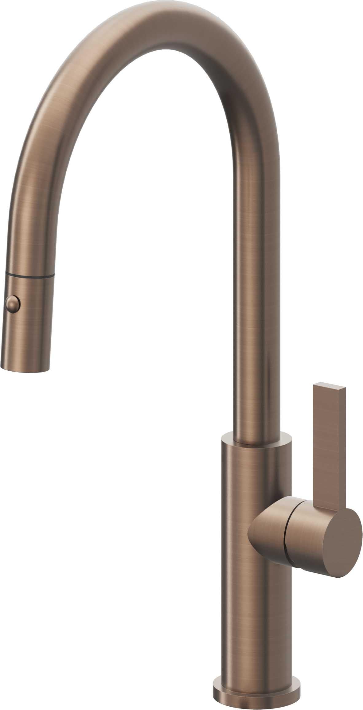 California Faucets Corsano Llave de Cocina Extraible Contemporanea con Rociador de Boton - Pico Alto en Arco - Bronce Satinado