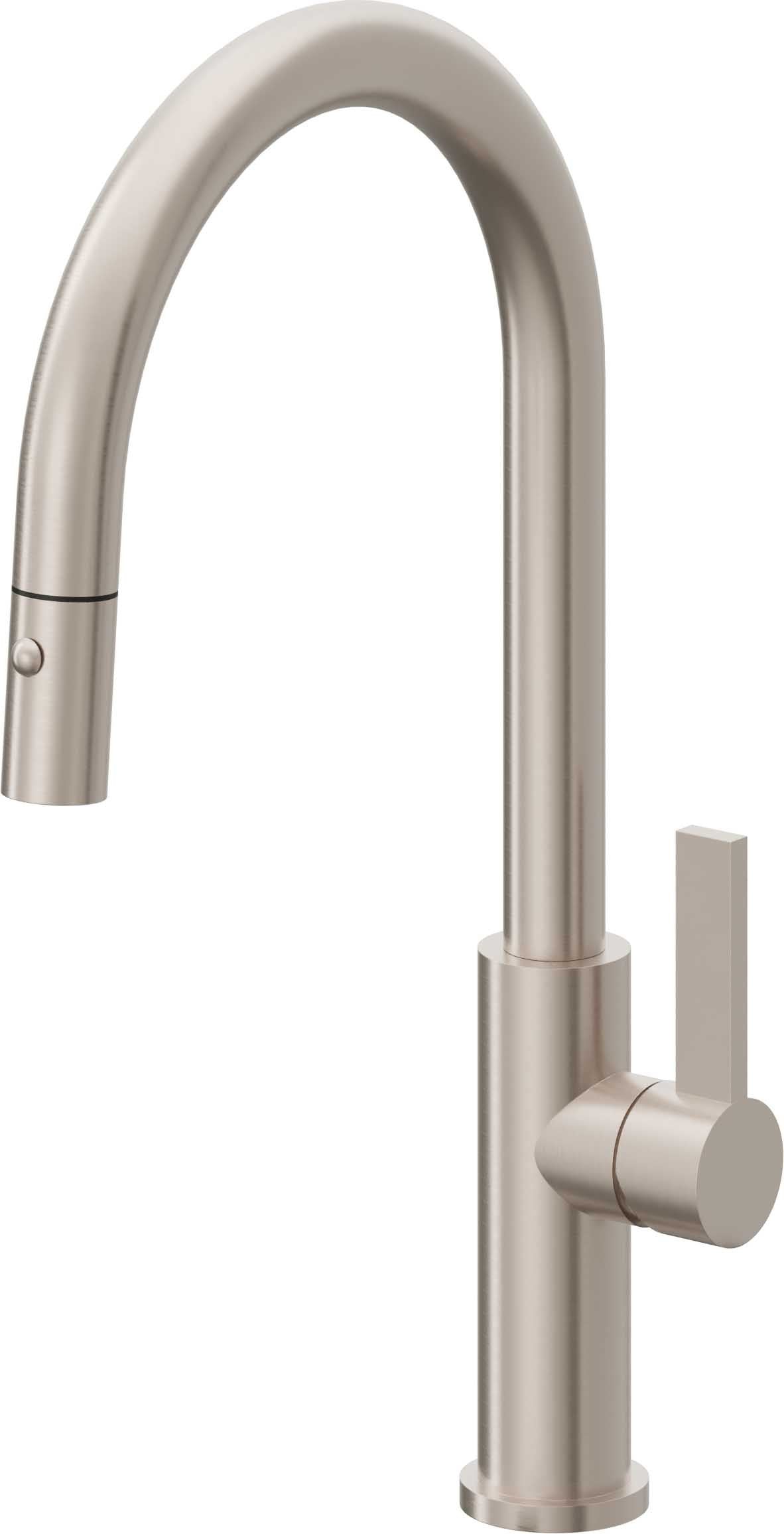 California Faucets Corsano Llave de Cocina Extraible Contemporanea con Rociador de Boton - Pico Alto en Arco - Níquel Satinado