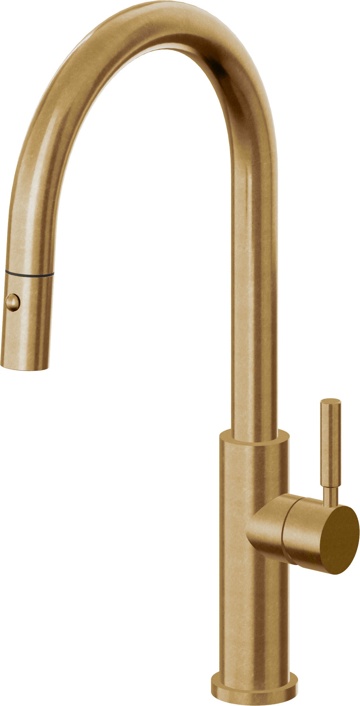 California Faucets Corsano Llave de Cocina Extraible Contemporanea con Rociador de Boton - Pico Alto en Arco - Latón Bruñido