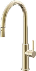 California Faucets Corsano Llave de Cocina Extraible Contemporanea con Rociador de Boton - Pico Alto en Arco - Latón Pulido