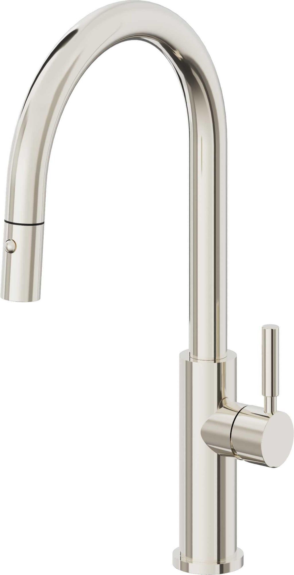 California Faucets Corsano Llave de Cocina Extraible Contemporanea con Rociador de Boton - Pico Alto en Arco - Níquel Pulido