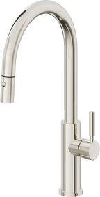 California Faucets Corsano Llave de Cocina Extraible Contemporanea con Rociador de Boton - Pico Alto en Arco - Níquel Pulido