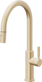 California Faucets Corsano Llave de Cocina Extraible Contemporanea con Rociador de Boton - Pico Alto en Arco - Latón Satinado