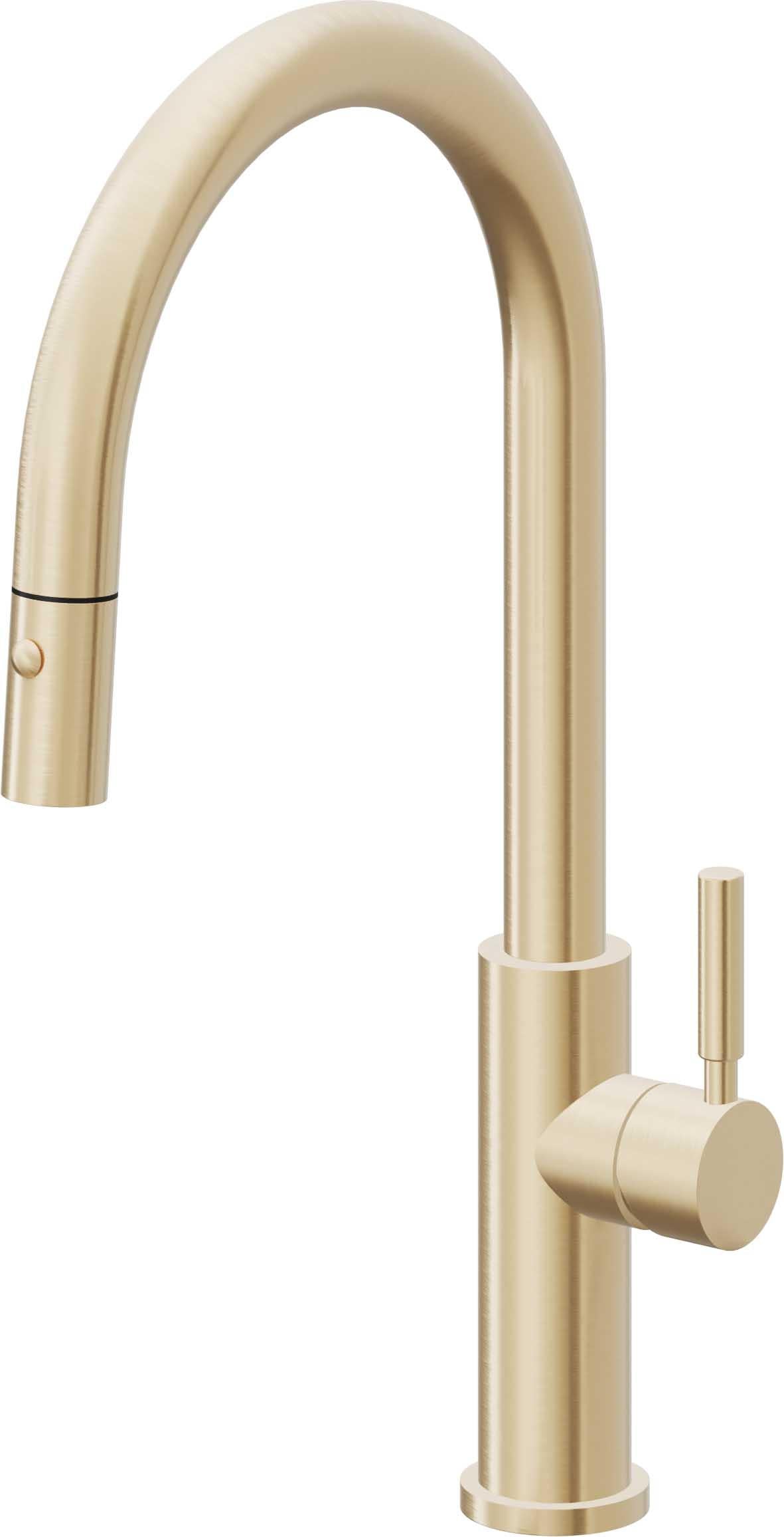 California Faucets Corsano Llave de Cocina Extraible Contemporanea con Rociador de Boton - Pico Alto en Arco - Latón Satinado