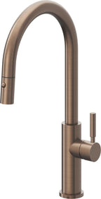 California Faucets Corsano Llave de Cocina Extraible Contemporanea con Rociador de Boton - Pico Alto en Arco - Bronce Satinado
