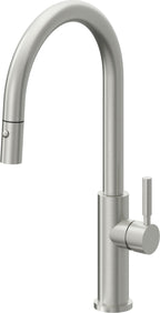 California Faucets Corsano Llave de Cocina Extraible Contemporanea con Rociador de Boton - Pico Alto en Arco - Cromo Satinado