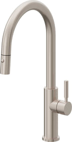California Faucets Corsano Llave de Cocina Extraible Contemporanea con Rociador de Boton - Pico Alto en Arco - Níquel Satinado