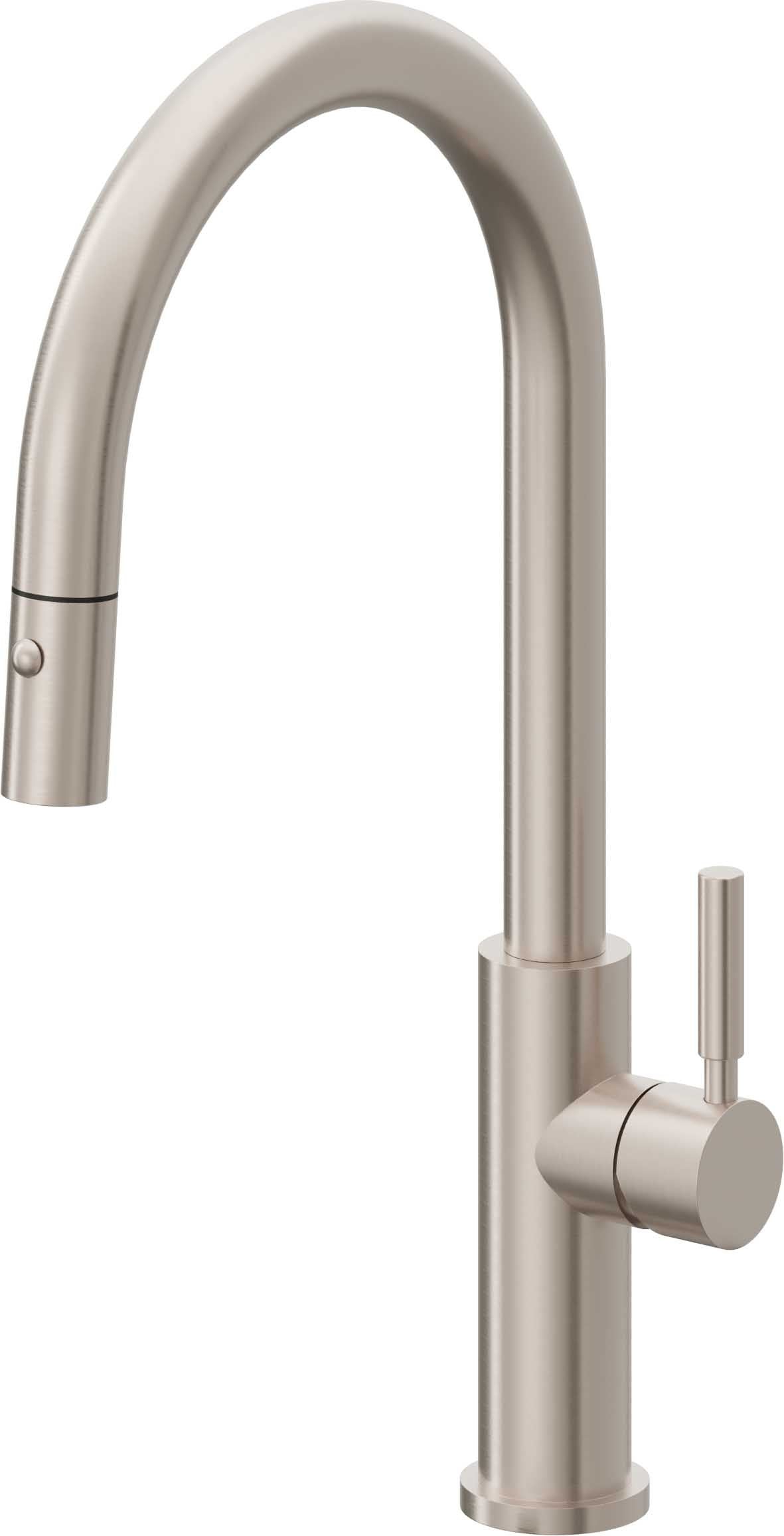 California Faucets Corsano Llave de Cocina Extraible Contemporanea con Rociador de Boton - Pico Alto en Arco - Níquel Satinado