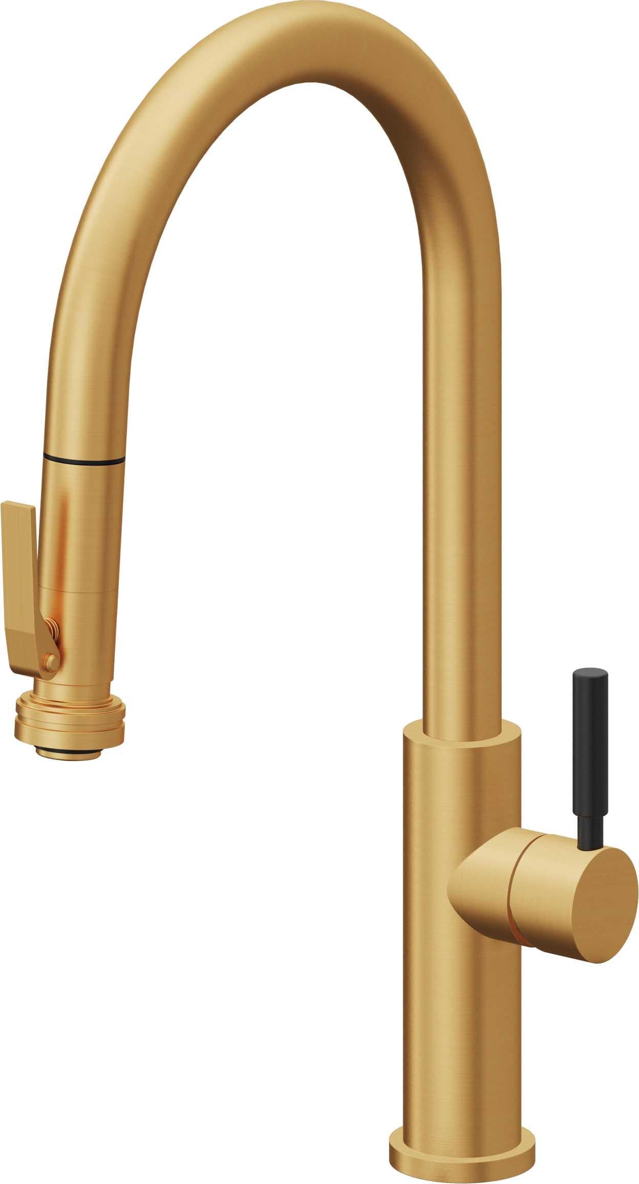 California Faucets Corsano Llave de Cocina Extraible Contemporanea con Rociador de Apretar - Pico Alto en Arco - Oro Satinado de por Vida