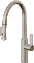 California Faucets Corsano Llave de Cocina Extraible Contemporanea con Rociador de Apretar - Pico Alto en Arco - Níquel Bruñido