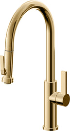 California Faucets Corsano Llave de Cocina Extraible Contemporanea con Rociador de Apretar - Pico Alto en Arco - Oro Francés
