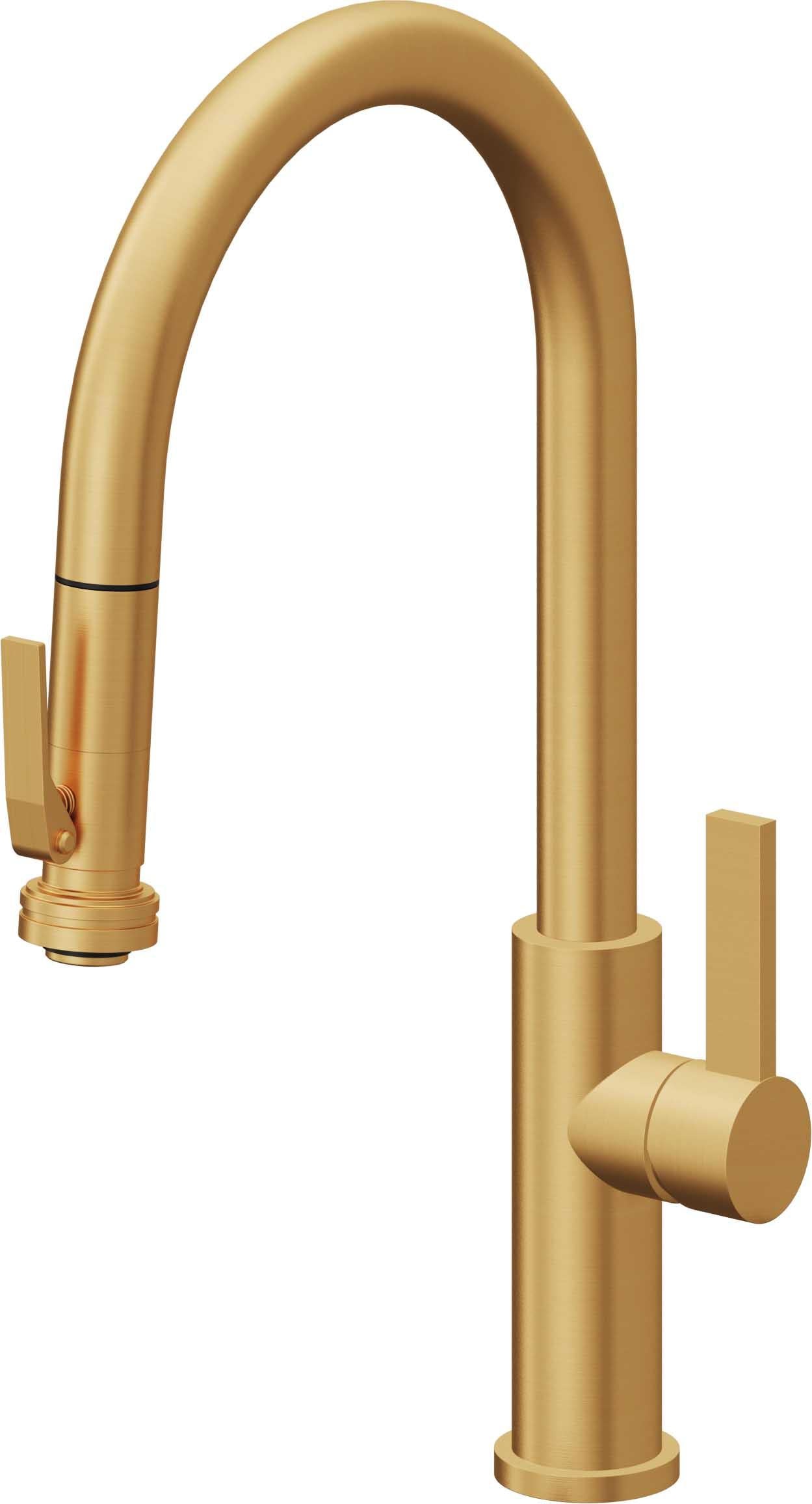 California Faucets Corsano Llave de Cocina Extraible Contemporanea con Rociador de Apretar - Pico Alto en Arco - Oro Satinado de por Vida