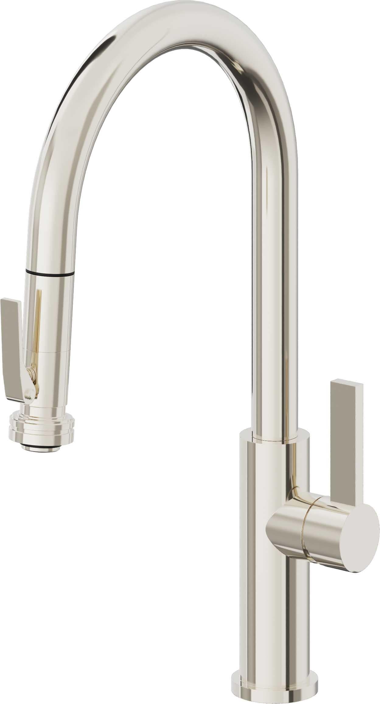 California Faucets Corsano Llave de Cocina Extraible Contemporanea con Rociador de Apretar - Pico Alto en Arco - Níquel Pulido