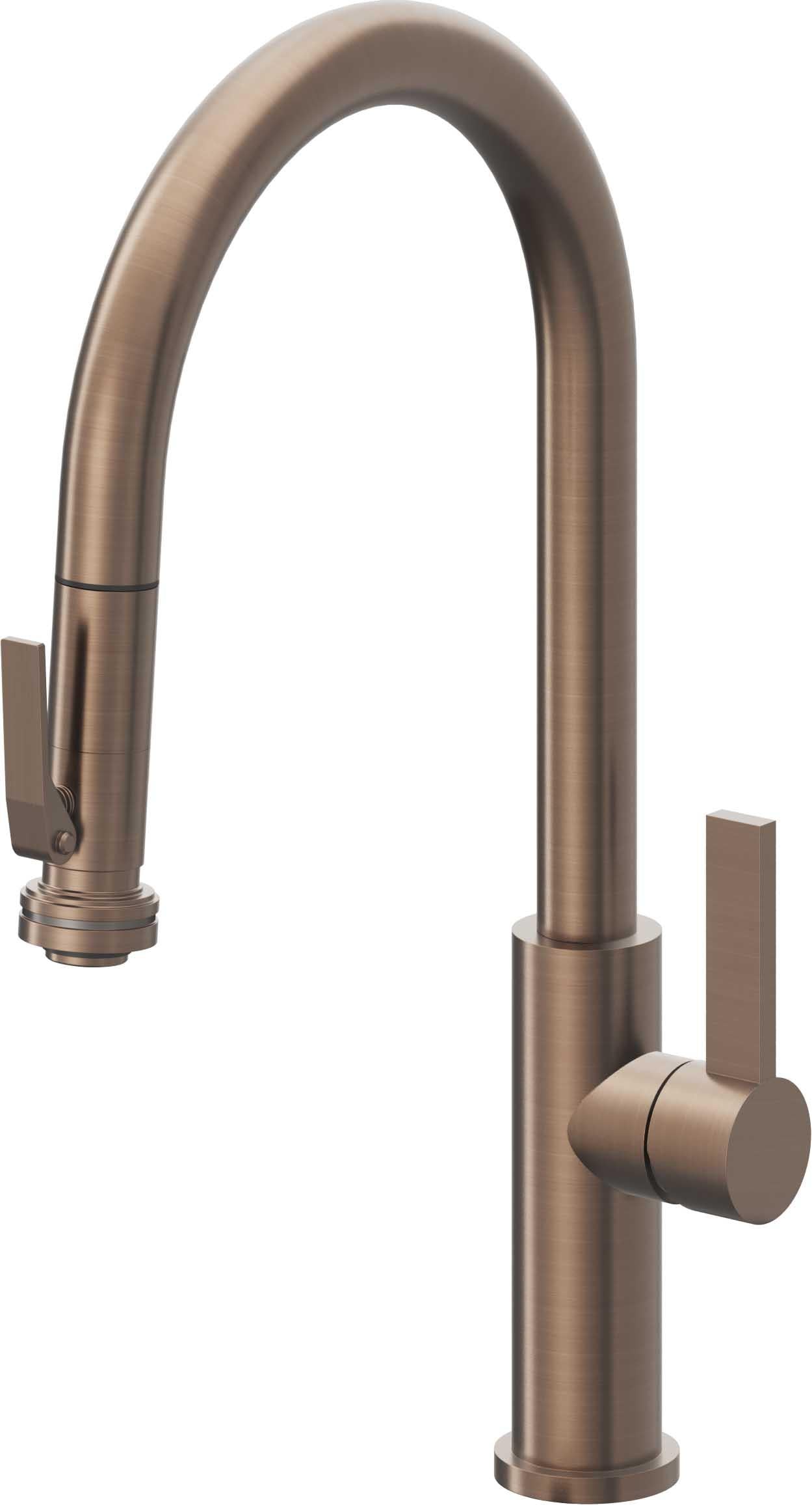 California Faucets Corsano Llave de Cocina Extraible Contemporanea con Rociador de Apretar - Pico Alto en Arco - Bronce Satinado