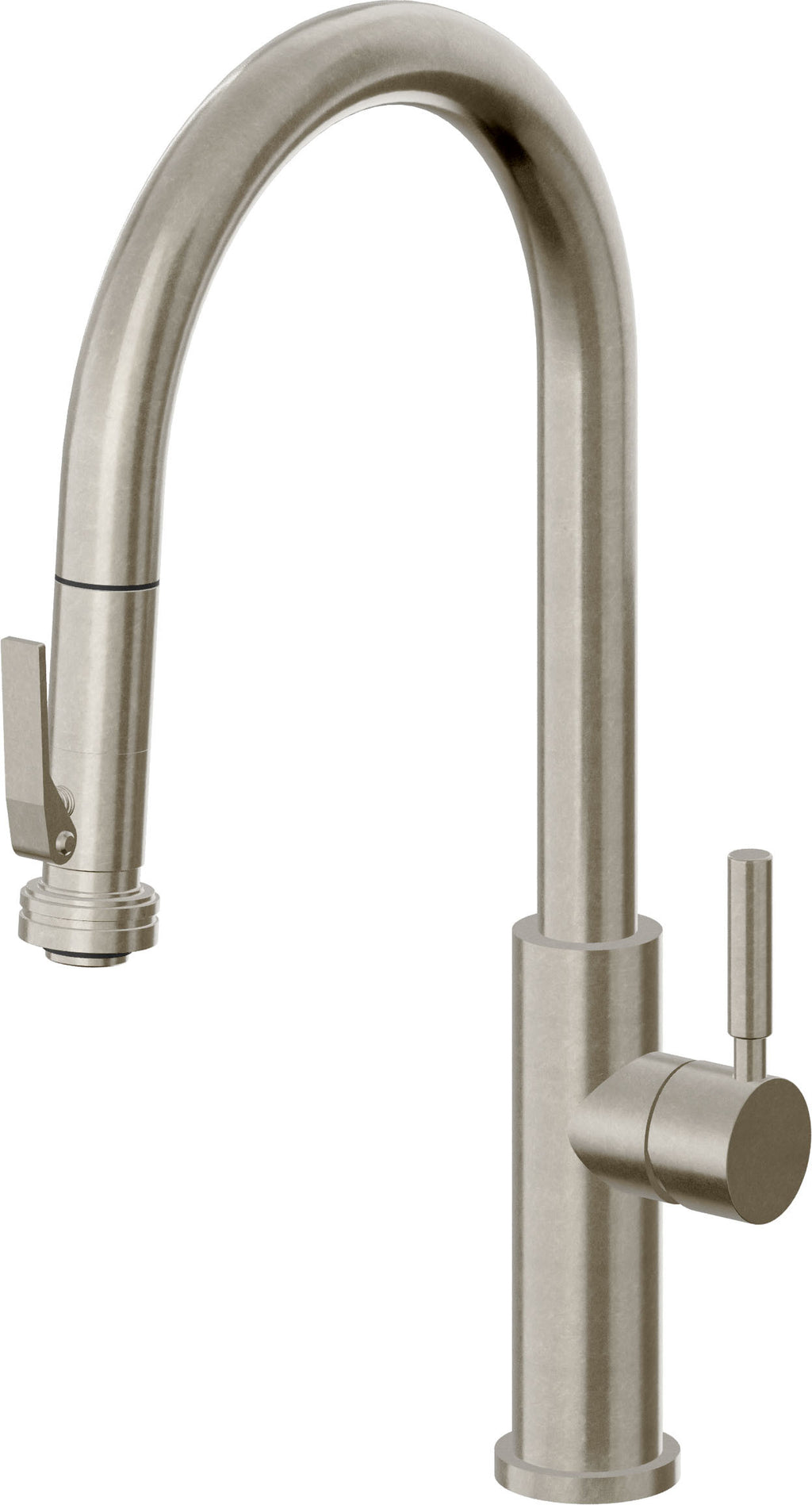California Faucets Corsano Llave de Cocina Extraible Contemporanea con Rociador de Apretar - Pico Alto en Arco - Níquel Bruñido