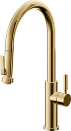 California Faucets Corsano Llave de Cocina Extraible Contemporanea con Rociador de Apretar - Pico Alto en Arco - Oro Francés