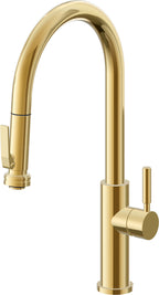 California Faucets Corsano Llave de Cocina Extraible Contemporanea con Rociador de Apretar - Pico Alto en Arco - Oro Pulido de por Vida