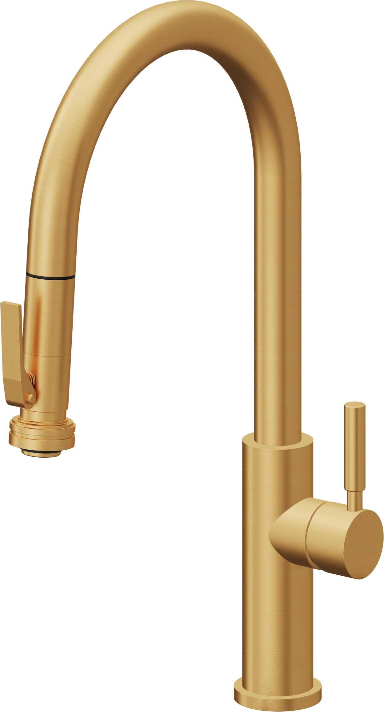California Faucets Corsano Llave de Cocina Extraible Contemporanea con Rociador de Apretar - Pico Alto en Arco - Oro Satinado de por Vida