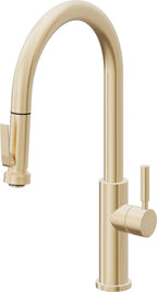 California Faucets Corsano Llave de Cocina Extraible Contemporanea con Rociador de Apretar - Pico Alto en Arco - Latón Satinado