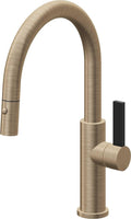 California Faucets Corsano Llave de Cocina Extraible Contemporanea con Rociador de Boton - Pico Bajo en Arco - Latón Antiguo Mate