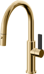 California Faucets Corsano Llave de Cocina Extraible Contemporanea con Rociador de Boton - Pico Bajo en Arco - Oro Francés