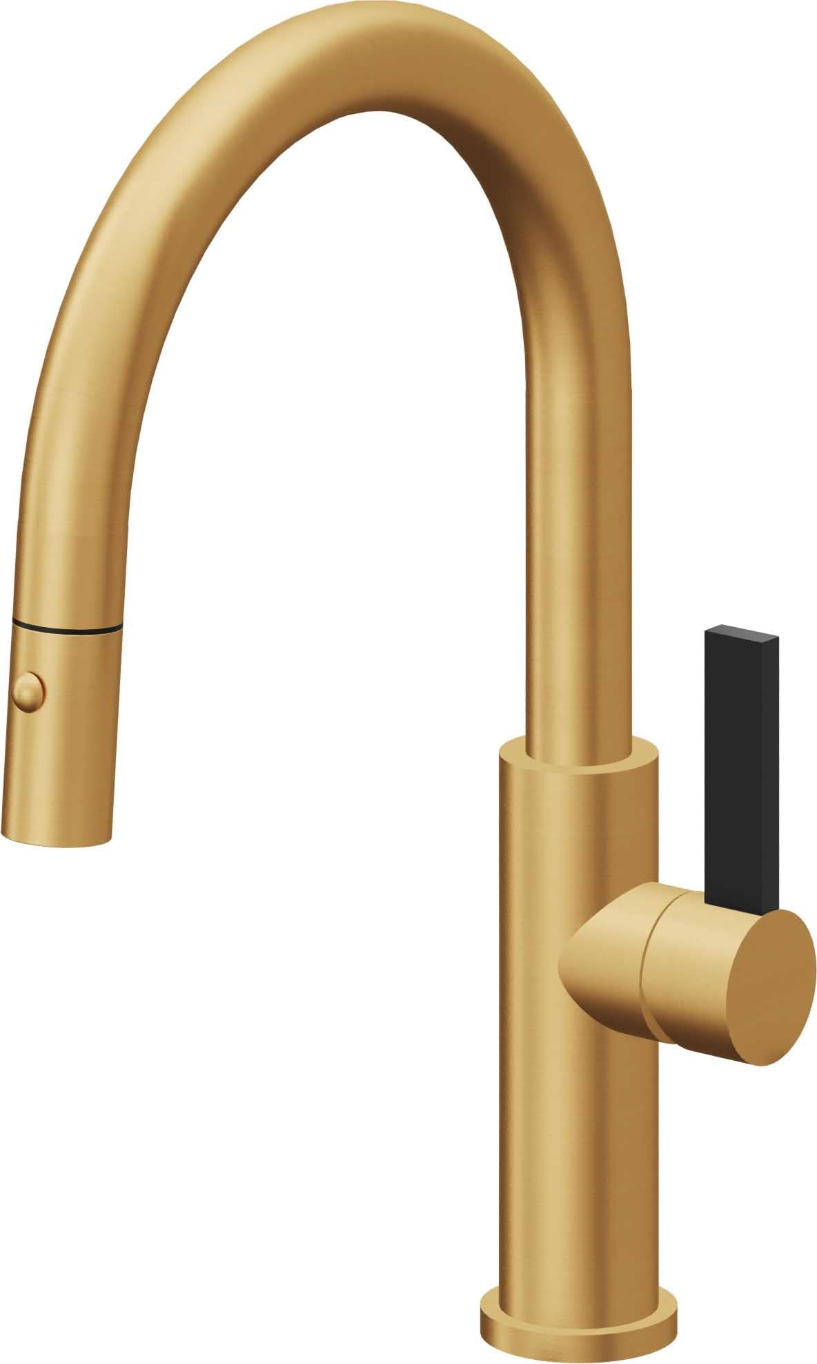 California Faucets Corsano Llave de Cocina Extraible Contemporanea con Rociador de Boton - Pico Bajo en Arco - Oro Satinado de por Vida