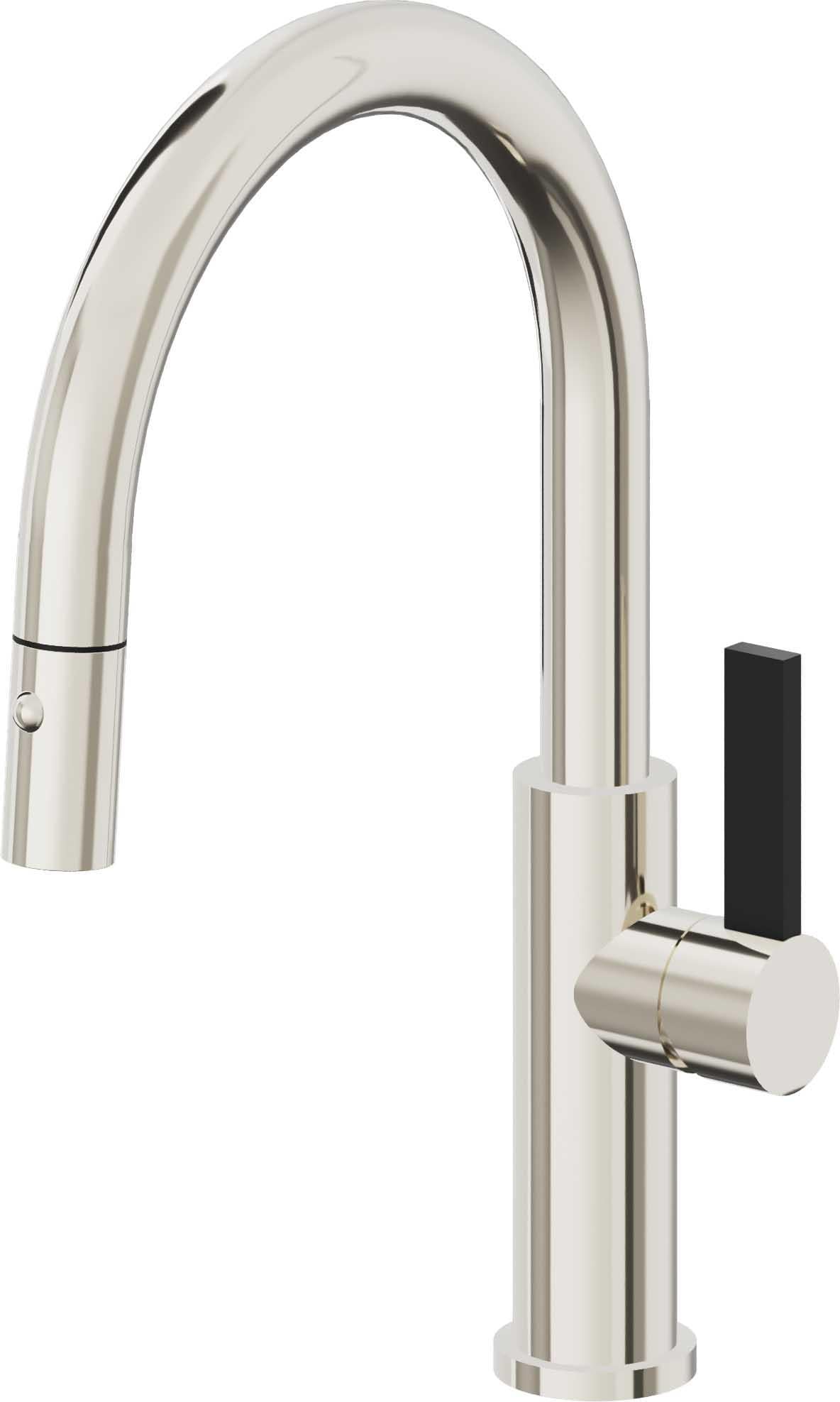 California Faucets Corsano Llave de Cocina Extraible Contemporanea con Rociador de Boton - Pico Bajo en Arco - Níquel Pulido
