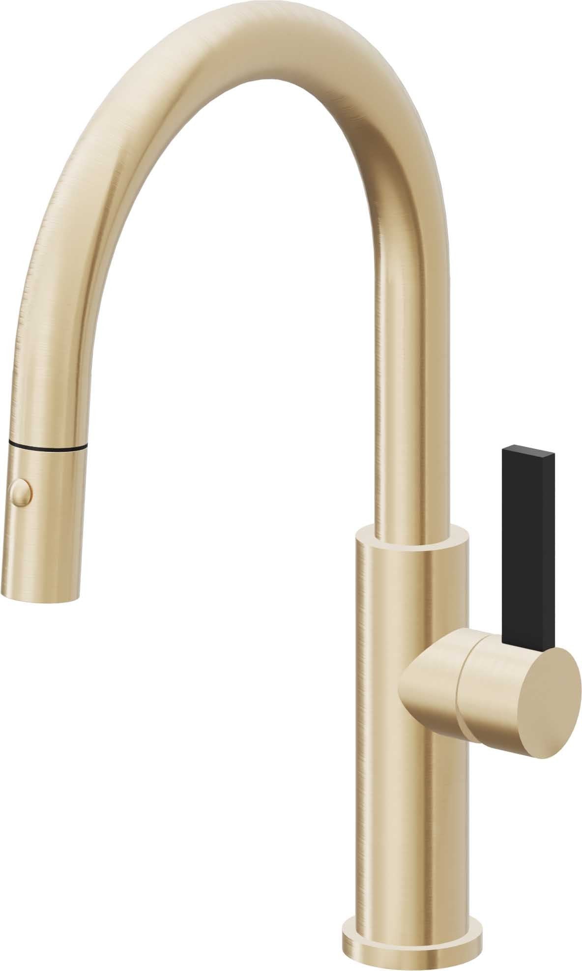 California Faucets Corsano Llave de Cocina Extraible Contemporanea con Rociador de Boton - Pico Bajo en Arco - Latón Satinado