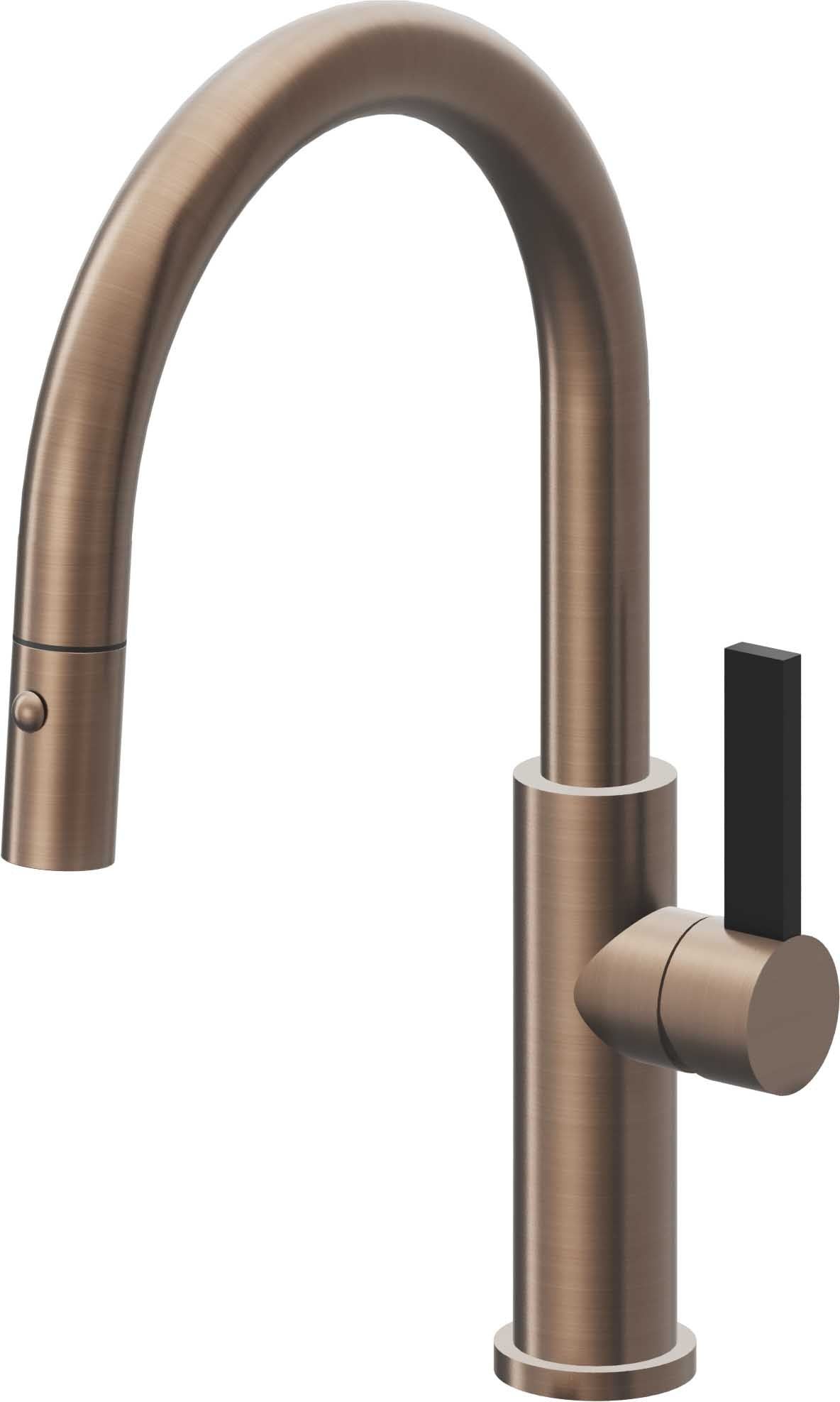 California Faucets Corsano Llave de Cocina Extraible Contemporanea con Rociador de Boton - Pico Bajo en Arco - Bronce Satinado