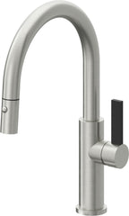 California Faucets Corsano Llave de Cocina Extraible Contemporanea con Rociador de Boton - Pico Bajo en Arco - Cromo Satinado