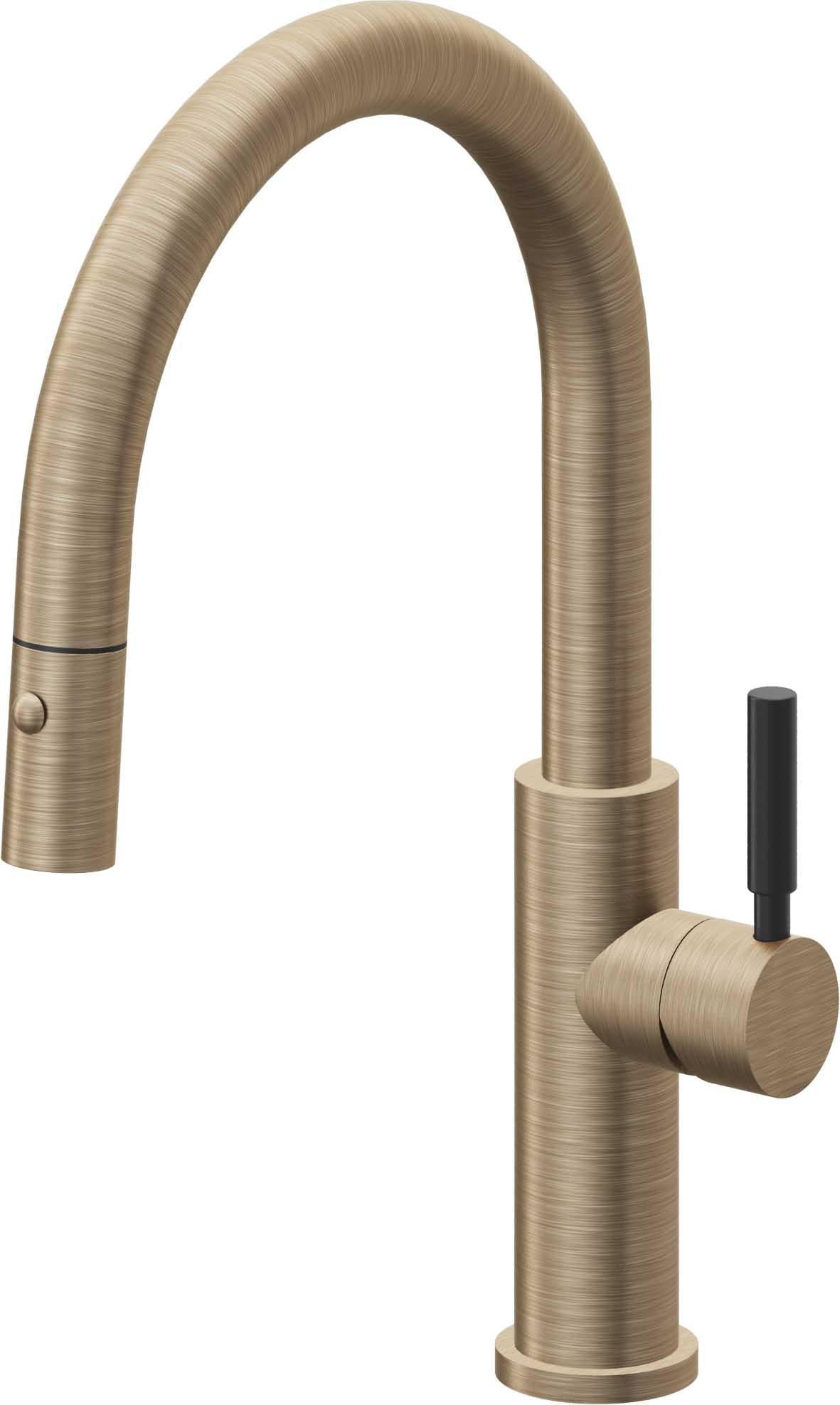 California Faucets Corsano Llave de Cocina Extraible Contemporanea con Rociador de Boton - Pico Bajo en Arco - Latón Antiguo Mate