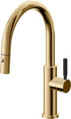 California Faucets Corsano Llave de Cocina Extraible Contemporanea con Rociador de Boton - Pico Bajo en Arco - Oro Francés